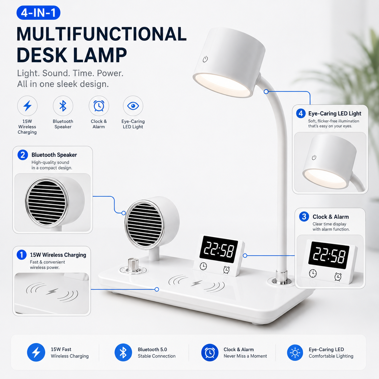 15W Wireless Charging Bluetooth Alarm Lamp 14:49